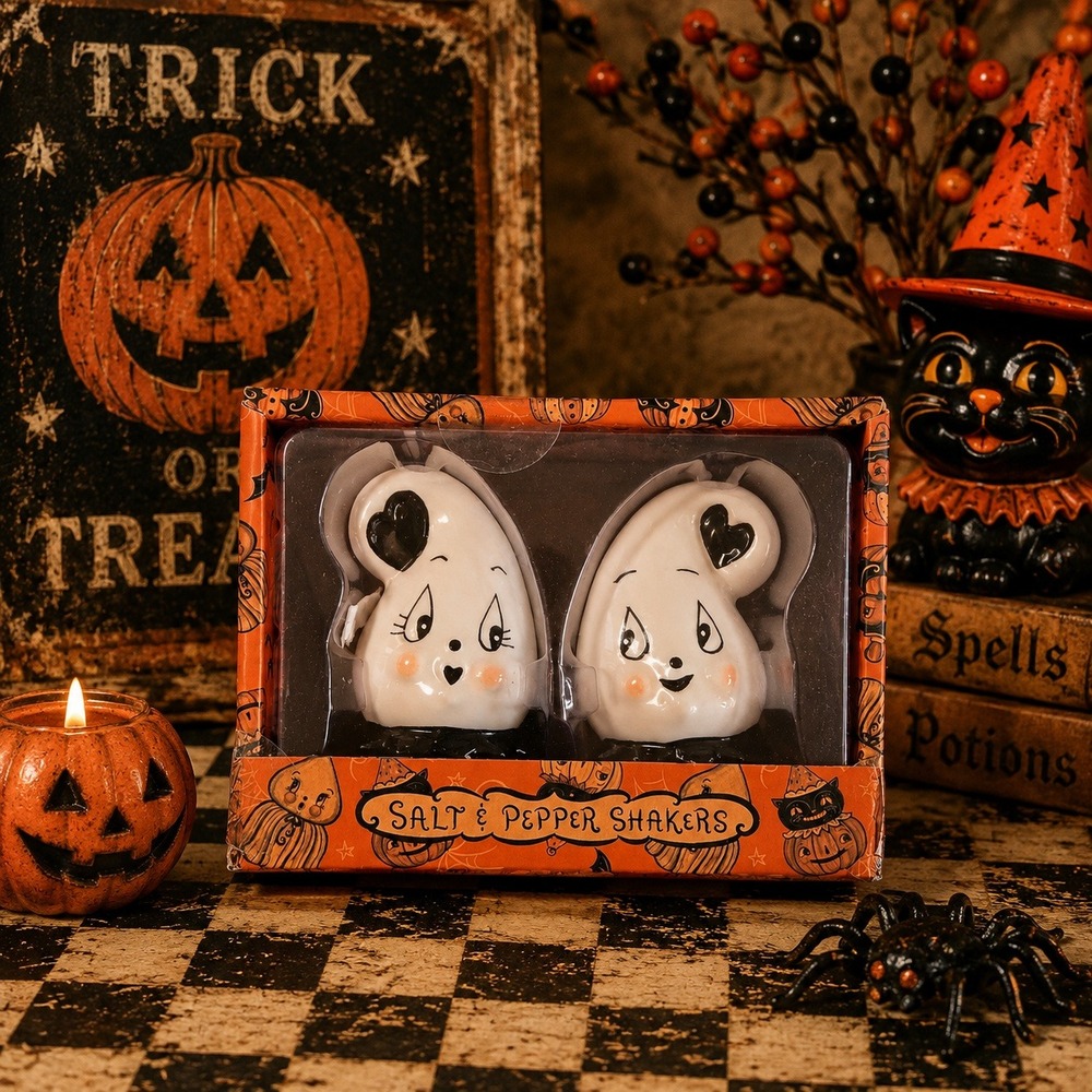 Johanna Parker Cute Ghost Couple Salt & Pepper Shakers Ceramic White Spooky